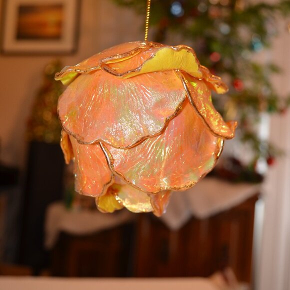 Beautiful Rose Handmade Mix Media Yellow Shiny Lacquered Paper Fabric 11' around - Picture 5 of 7